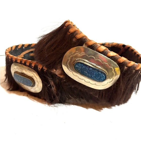 Vintage L 40 X3”  Silver and Blue leather / cowhide hair Western Belt main image 6
